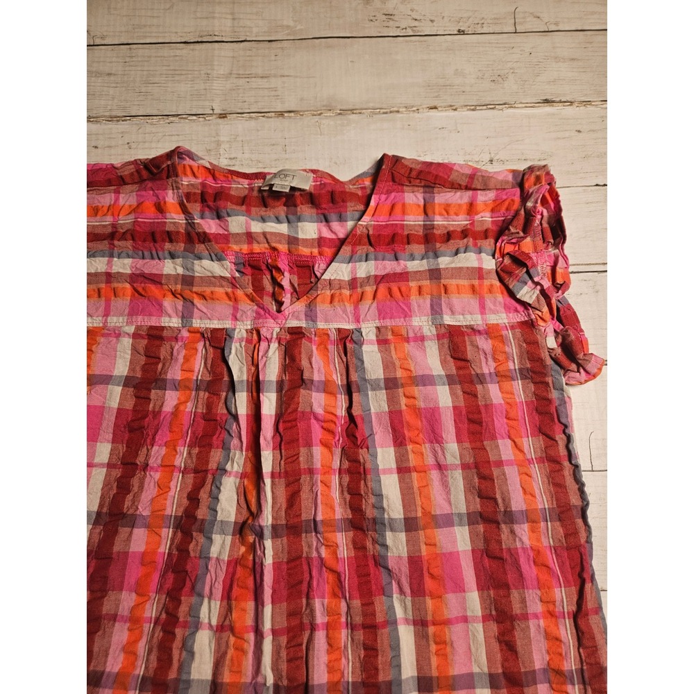 LOFT Outlet Womens Pink Orange Plaid Ruffle Cap Sleeve Cotton V-Neck Blouse S